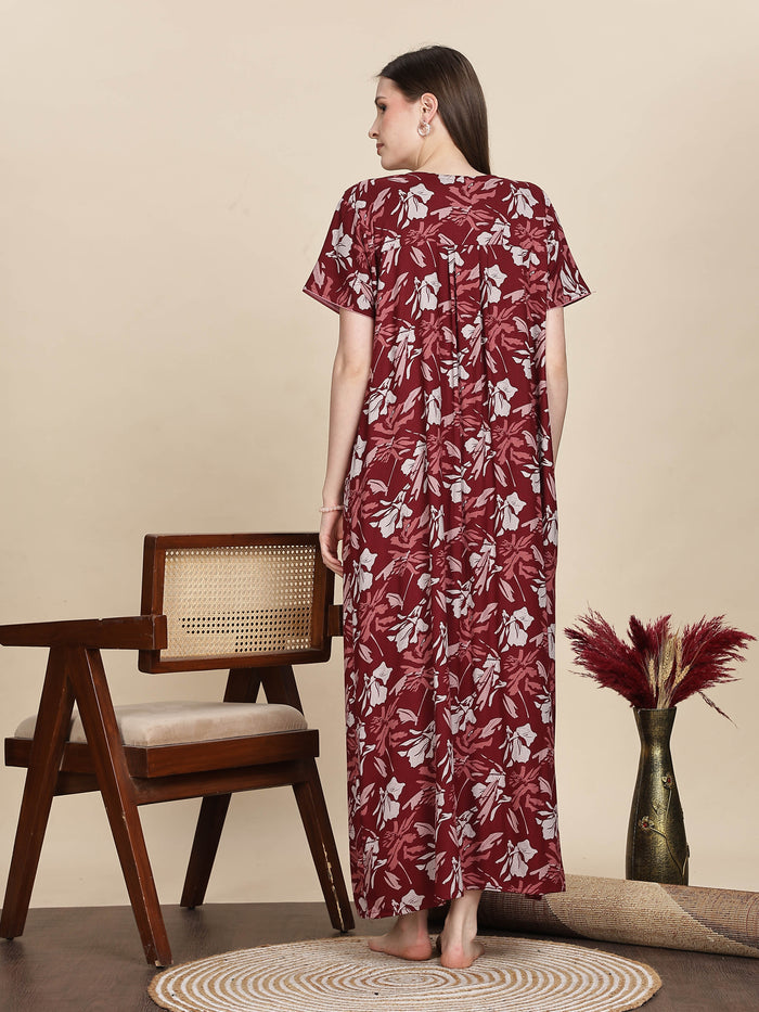 Stylish Embroidered Red Floral Nightdress For Women