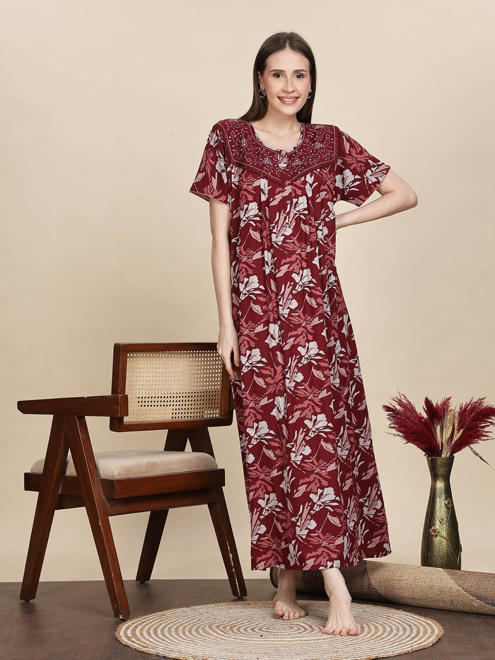 Stylish Embroidered Red Floral Nightdress For Women