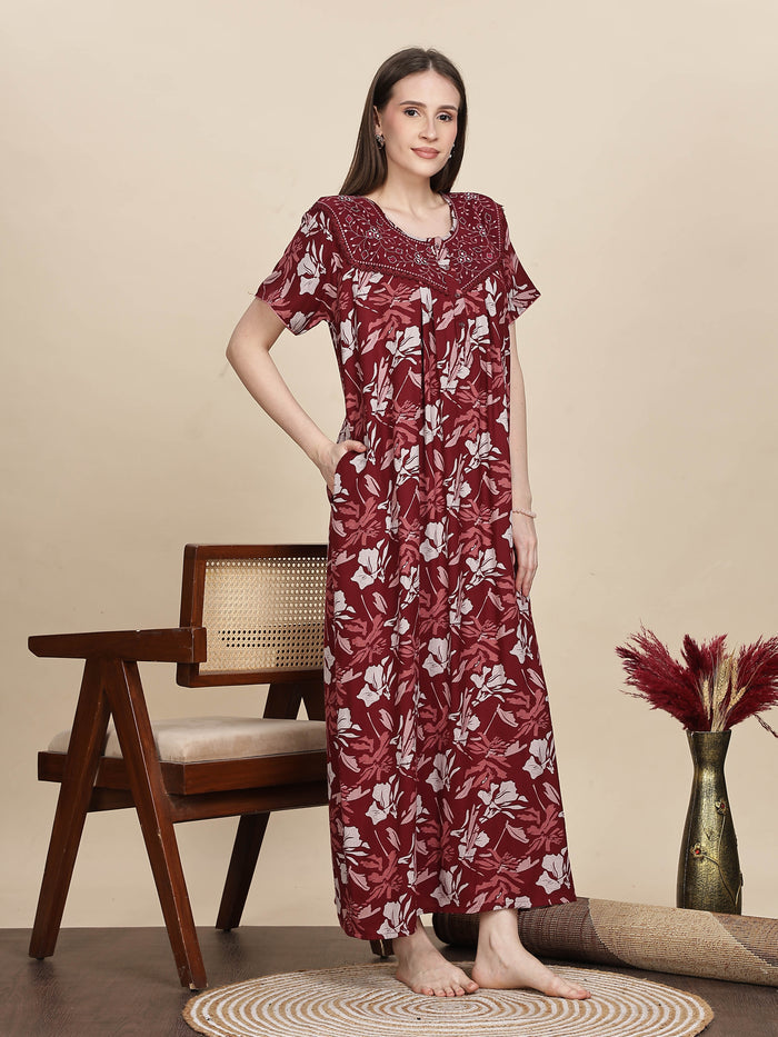 Stylish Embroidered Red Floral Nightdress For Women