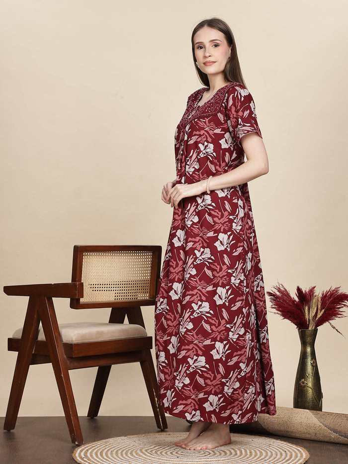 Stylish Embroidered Red Floral Nightdress For Women