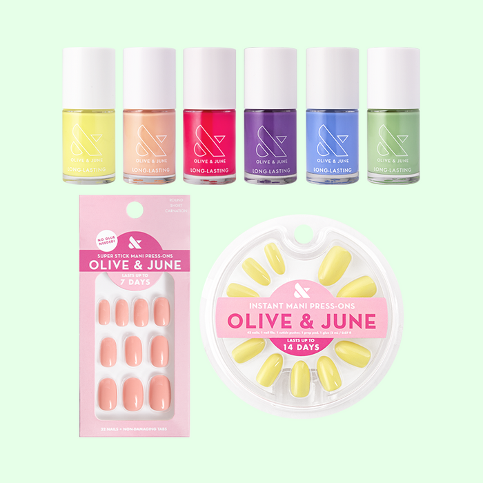 Summer Polish & Press-on Set with vibrant long-lasting polish bottles and two sets of easy-to-apply press-on nails