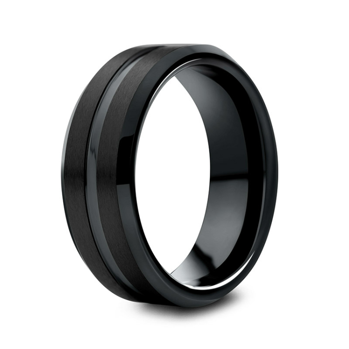 7mm black tungsten carbide ring with polished center groove, matte surface, and beveled edges.