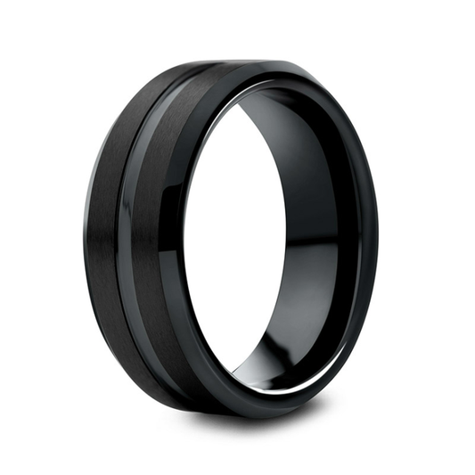 7mm black tungsten carbide ring with polished center groove, matte surface, and beveled edges.