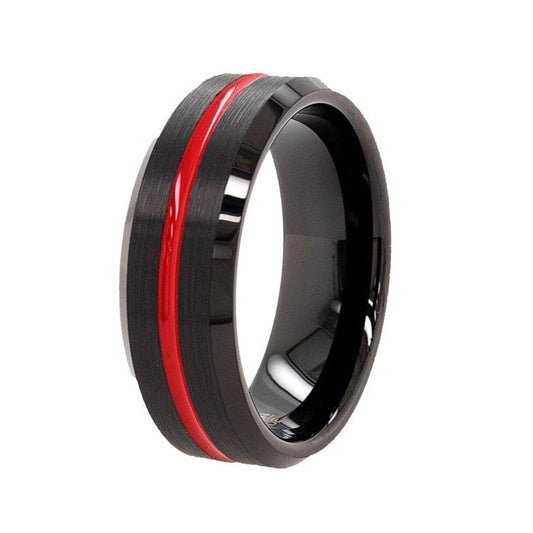 8mm black tungsten ring with red ion-plated groove and polished beveled edges.