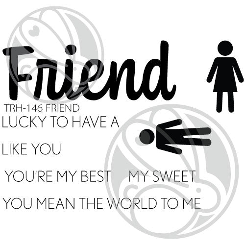 The Rabbit Hole Designs - Stamps - Friend. Deeply etched, clear photopolymer stamps for precise placement. The word Friend is sized so that it may be stamped onto the shadow layer from the coordinating dies (sold separately). Made in USA.  Coordinates with Friend - Scripty Word with Shadow Dies & Friend - Scripty Word Hot Foil Plate. Available at Embellish Away located in Bowmanville Ontario Canada.