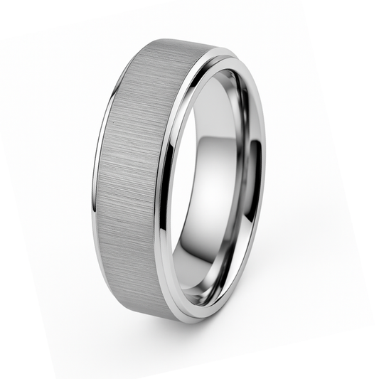 8mm silver tungsten carbide ring with cross satin finish and polished edges.