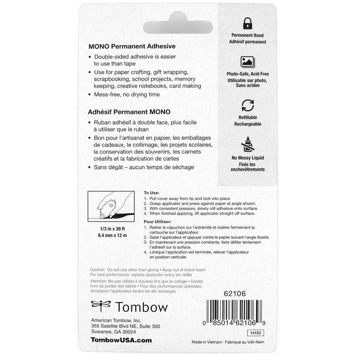 TOMBOW-The Craft Collection Permanent Adhesive. This quick and permanent glue is perfect for scrapbooking, greeting cards, and any paper craft project. Features: Bonds instantly to paper, cardstock and more cleanly and wrinkle-free, easy refill, Archival quality, acid free, photo safe, and non-toxic. Plastic applicator measures: 1-3/4x 3-3/4x3/4 inch, Tape: 1/3x472 inches. Imported. Available at Embellish Away located in Bowmanville Ontario Canada.