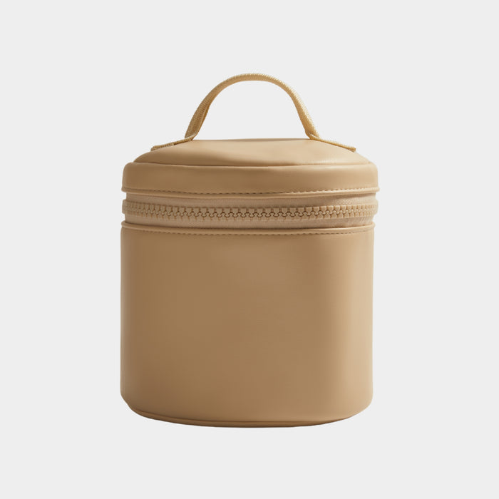 Beige tote organizer with a handle on a light gray background