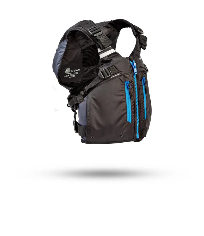 Stohlquist black kayaking life jacket with blue zippers, side view on white background