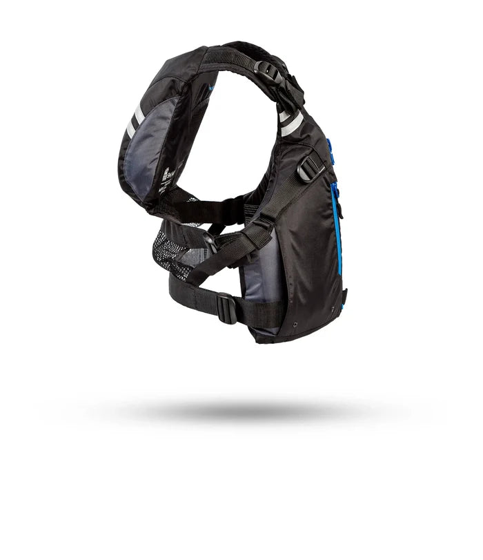 Stohlquist black kayaking and paddling safety life jacket with blue zipper, side view