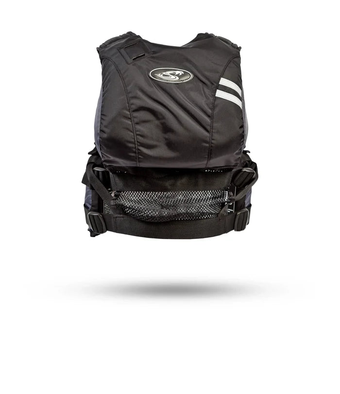 Stohlquist black kayaking safety life jacket with adjustable straps and mesh pocket