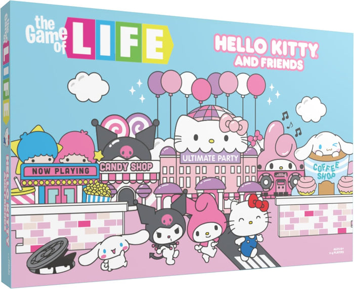 USAopoly The product image shows the packaging of 'The Game of Life: Hello Kitty and Friends Edition' board game featuring colorful artwork with Hello Kitty and various other animated characters, game pieces, and decorative elements.