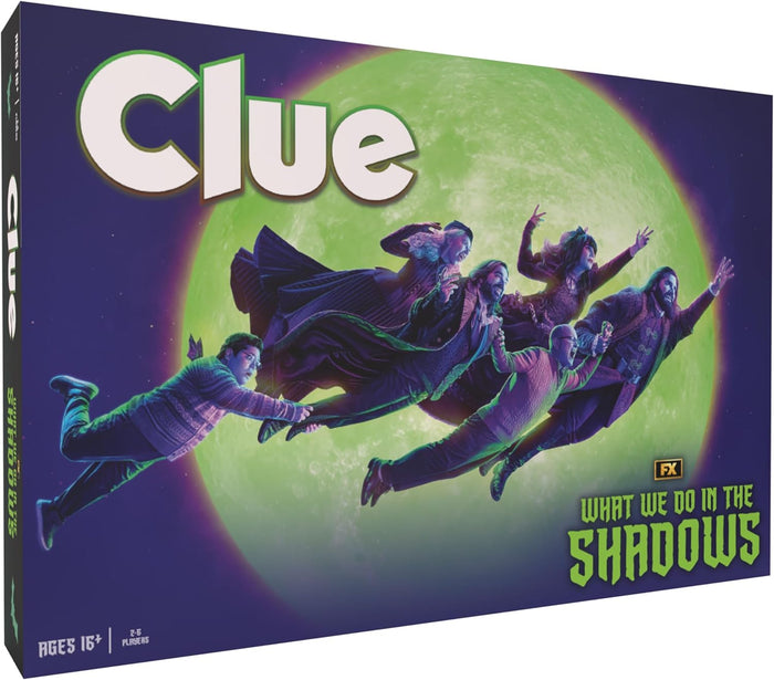 USAopoly The image shows the board game box for CLUE: What We Do in The Shadows, featuring illustrations of the main characters from the TV show, with a central hat that is crucial to the game's plot.