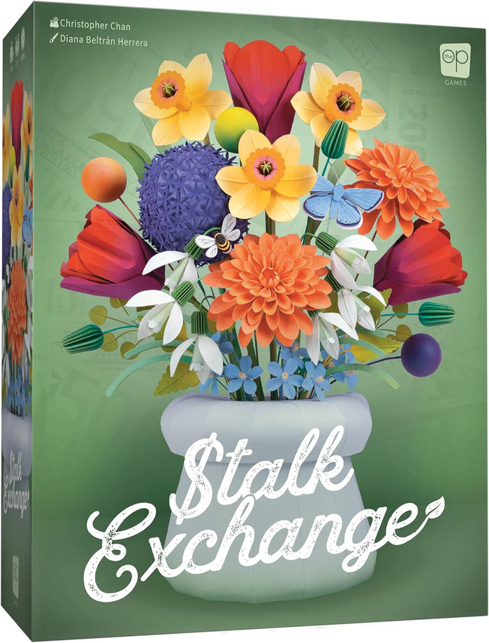 USAopoly Board game box cover for 'Stalk Exchange' featuring a vibrant floral design with multiple colorful flowers and the title of the game prominently displayed.
