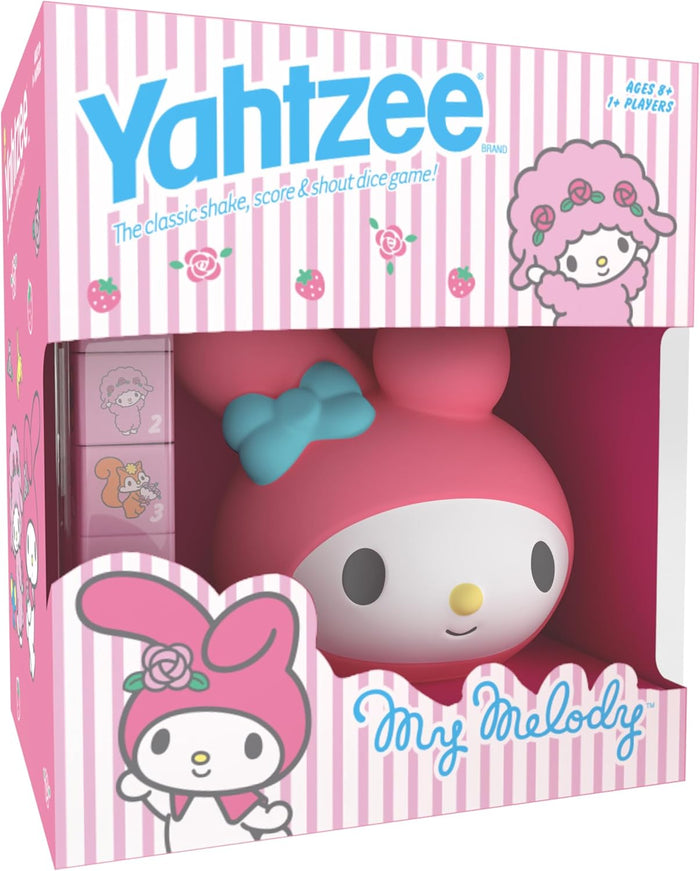 USAopoly A package of Yahtzee dice game featuring Hello Kitty and My Melody with a pink and white color scheme and striped background.