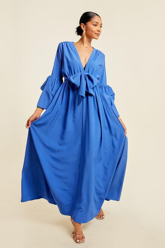 V NECK TIE UP MAXI DRESS