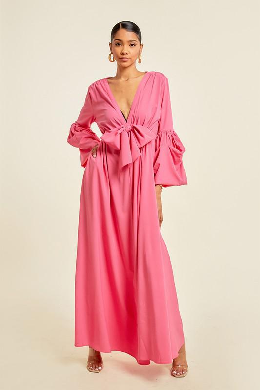 V NECK TIE UP MAXI DRESS