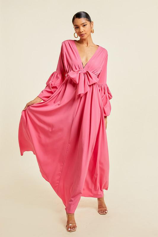 V NECK TIE UP MAXI DRESS