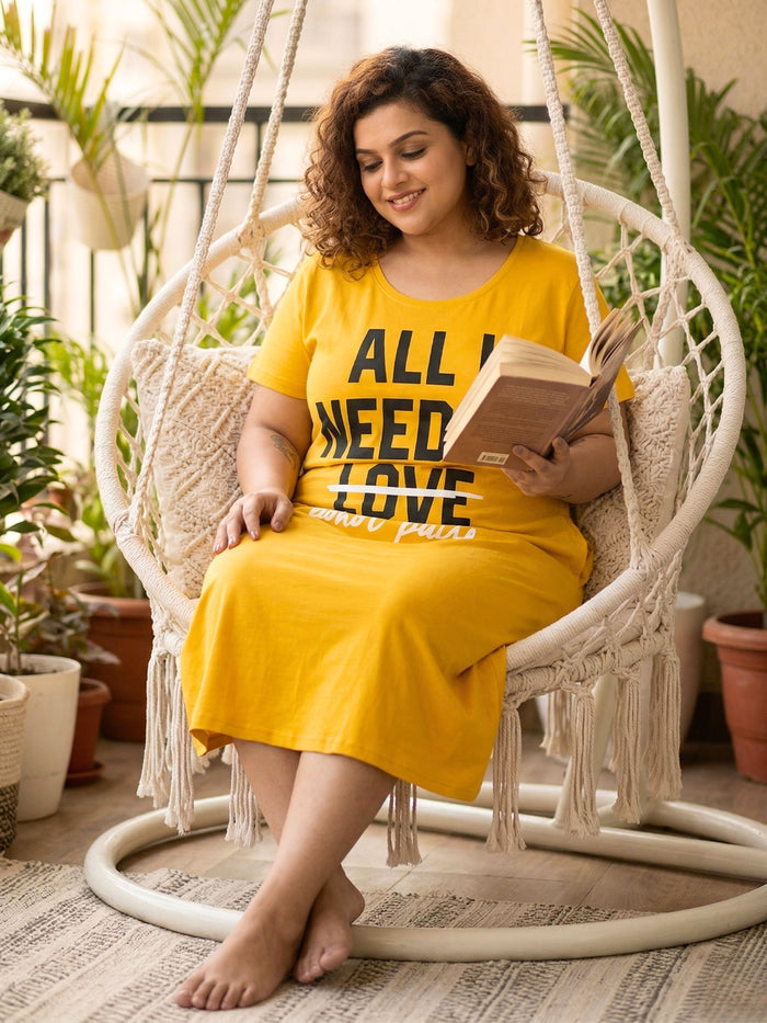 Vibrant Fire Yellow Cotton Printed Short Nighty for Women