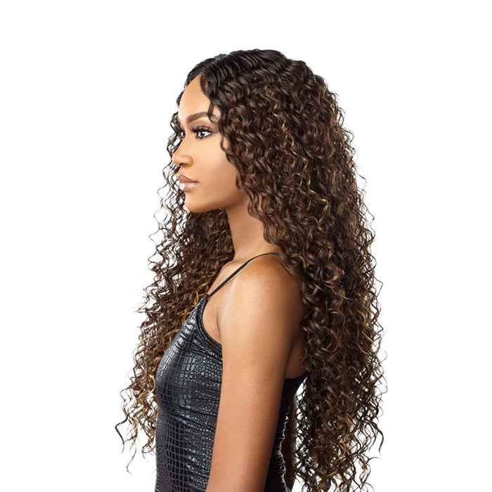 SENSATIONNEL HD lace wig for women long deep curly brown hair with honey highlights on side profile