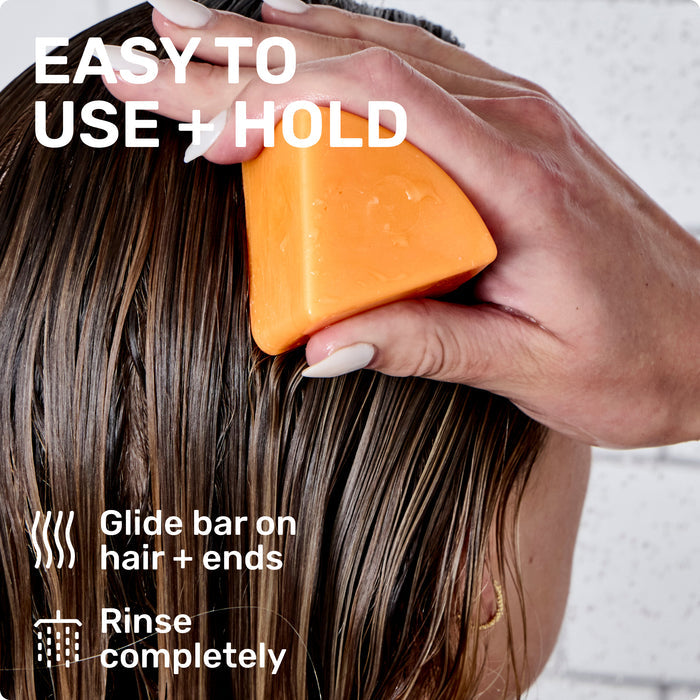 EASY TO USE + HOLD

Glide bar on hair + ends
Rinse completely