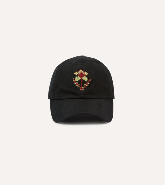 Washed Black Flower Emblem Cotton Baseball Cap