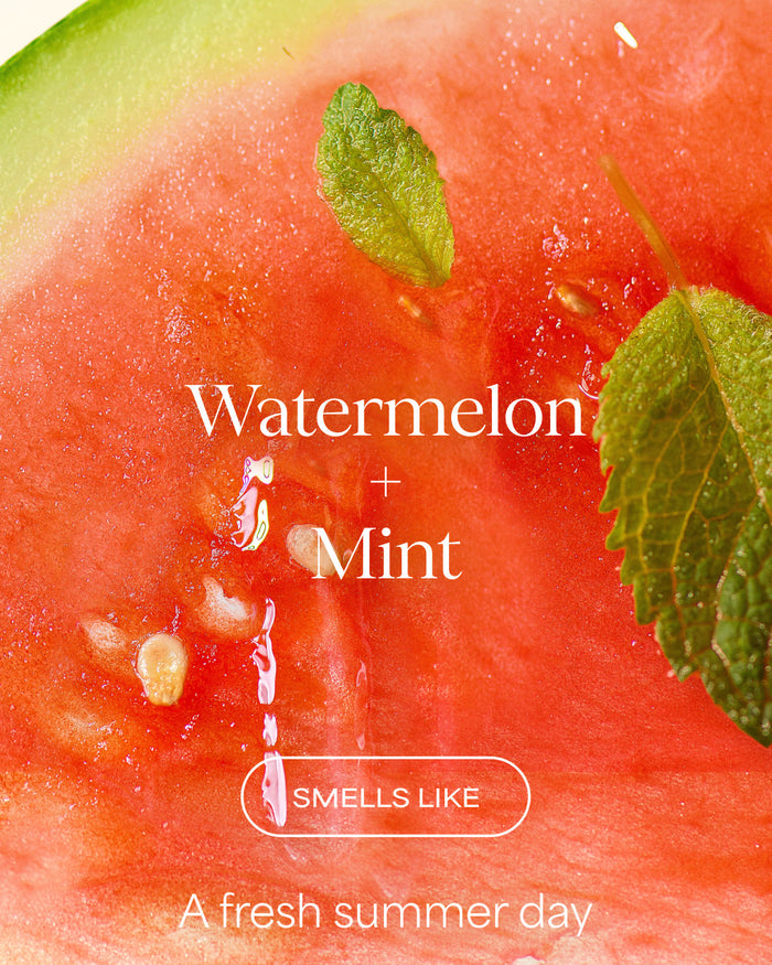 Close-up of watermelon with mint leaves and text 'Watermelon + Mint' on a red background.