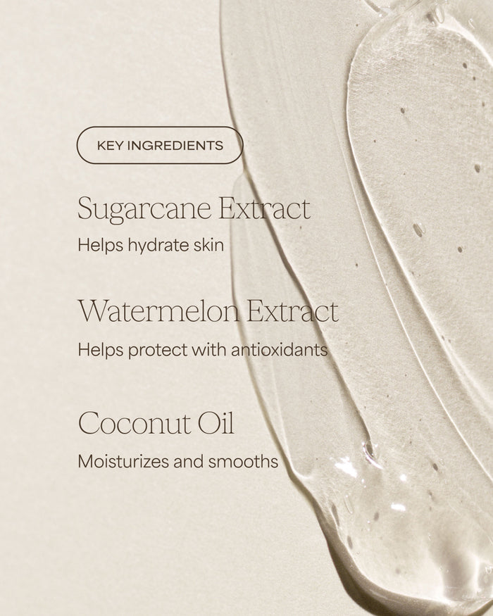 Raw Sugar Body Wash designed to help gently cleanse and hydrate skin with clean ingredients with key ingredients listed on a light background