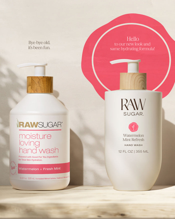 Two bottles of Raw Sugar hand wash on a light background