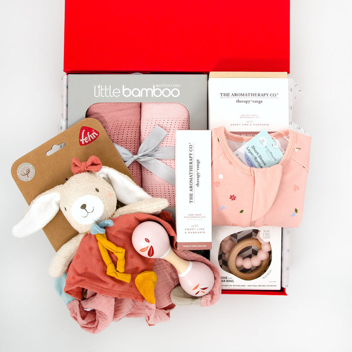 Includes a rose Bamboo Cellular Blanket Set containing two super soft, lightweight blankets. An ergoPouch romper, a Speedy Monkey Wooden Maraca, Jellystone Moon Teething Ring and cute Fehn muslin comfort toy. For mum, a Sweet Lime & Mandarin scented candle and matching hand cream. Price: $230
