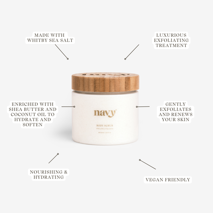Navy Body Scrub Labelled - 
Made with Whitby Sea Salt.
Luxurious Exfoliating Treatment 
Enriched with Shea Butter and Coconut Oil to hydrate and soften.
Nourishing & Hydrating.
Gently exfoliates and renews your skin.
Vegan friendly.