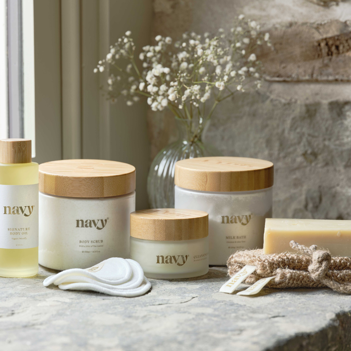 Navy Body Scrub - Skincare Range featuring Body Scrub, Body Oil, Cleansing Balm, Milk Bath and Soap Bar