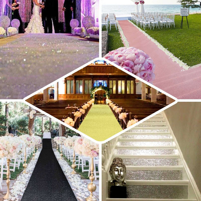 Collage of wedding aisle decorations in various styles and colors.