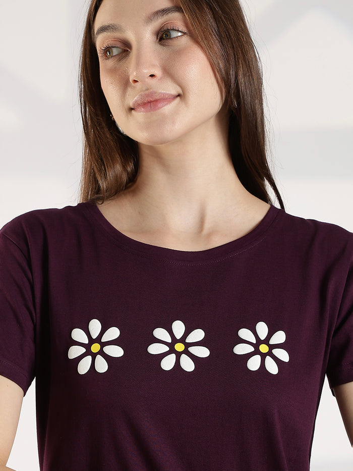 Cotton branded plus size long t shirt for women in wine