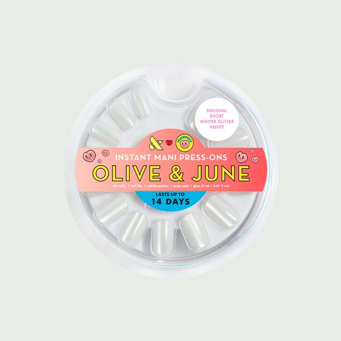 Winter Glitter Velvet - Press-On | Short | Squoval showing short squoval white velvet false nails in packaging