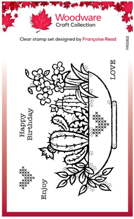 Woodware - 4"x6" Clear Singles Stamp - Plant Display. On trend stamp with a display of succulents with a love theme. Add a personal touch with your favourite colouring medium and the fun words. Designed by Francoise Read. These stamps would be perfect for cards and scrapbook pages as well as mixed media or fun décor projects. Available at Embellish Away located in Bowmanville Ontario Canada.
