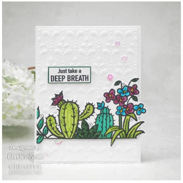 Woodware - 4"x6" Clear Singles Stamp - Plant Display. On trend stamp with a display of succulents with a love theme. Add a personal touch with your favourite colouring medium and the fun words. Designed by Francoise Read. These stamps would be perfect for cards and scrapbook pages as well as mixed media or fun décor projects. Available at Embellish Away located in Bowmanville Ontario Canada. Card by designer Christine Smith