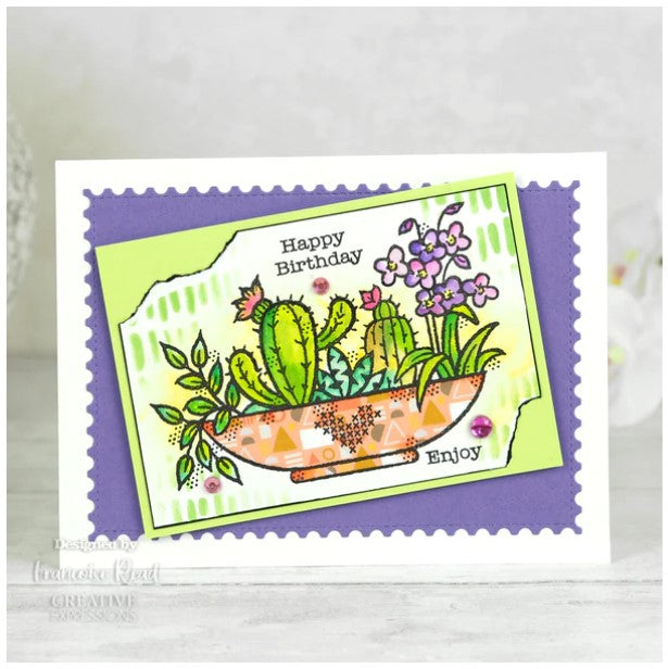 Woodware - 4"x6" Clear Singles Stamp - Plant Display. On trend stamp with a display of succulents with a love theme. Add a personal touch with your favourite colouring medium and the fun words. Designed by Francoise Read. These stamps would be perfect for cards and scrapbook pages as well as mixed media or fun décor projects. Available at Embellish Away located in Bowmanville Ontario Canada. Card design by Francoise Read.