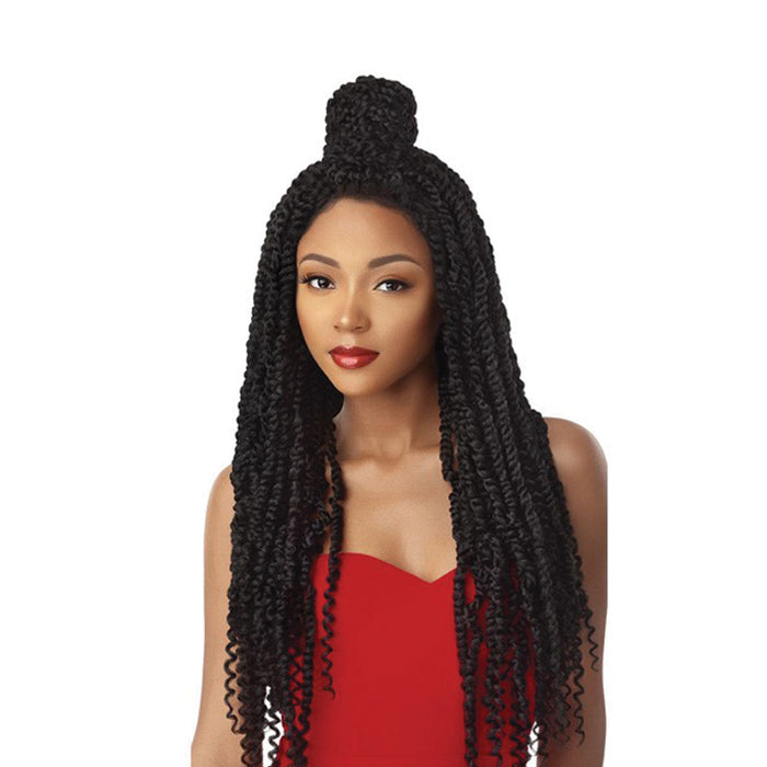 OUTRE Passion Twist Lace Front Wig long black textured twists styled half up top knot on model